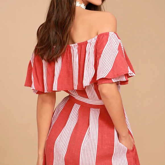 Faithfull the Brand Amalfi Rust-Red Striped Off-Shoulder Mini Dress • Size S - Picture 12 of 14